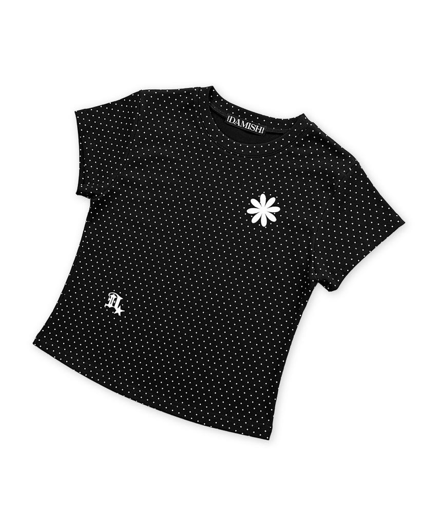 Damiswi Flower Symbol Polka Dot Short Sleeve T-Shirt_Black
