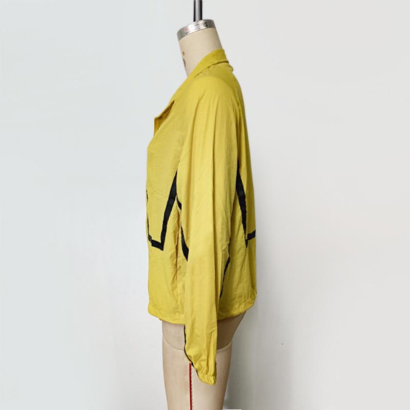 Herbst Damen Sonnenbekleidung Revers Gestreiftes Splicing Locker Langärmlig Reißverschluss Dünne Jacke