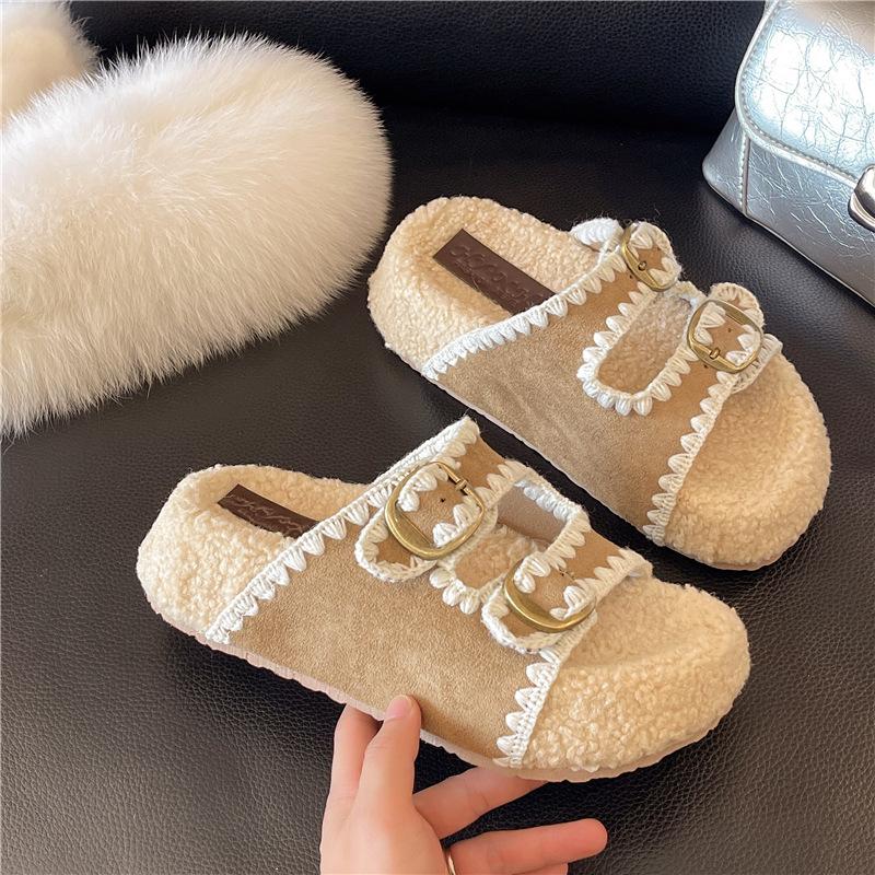 

Retro thick-bottomed Birkenstock fluffy slippers for women s outer wear 2025 new autumn velvet high-end one-word Birkenstock cotton mop 35 хаки
