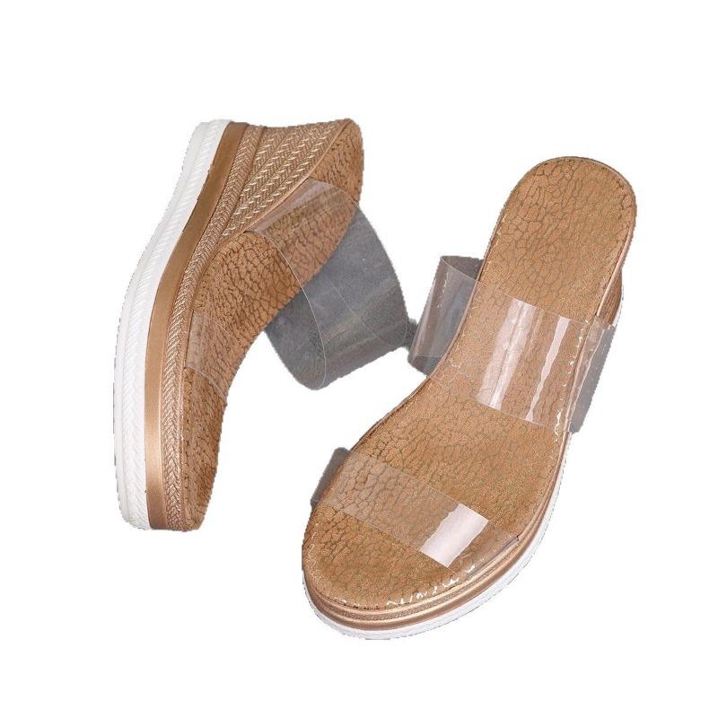 Slope heel cool slippers new fashionable round head thick sole transparent one-word slippers wear high-heeled open-toed sandals women's shoes