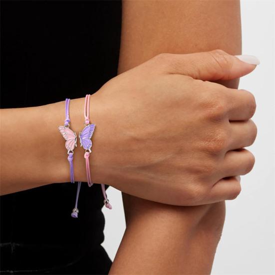 2Pcs/Set Couple Bracelet Adjustable Wax Rope Butterflies Pendant Friendship Love Bracelet with Blessing Card Bestie Matching Jewelry