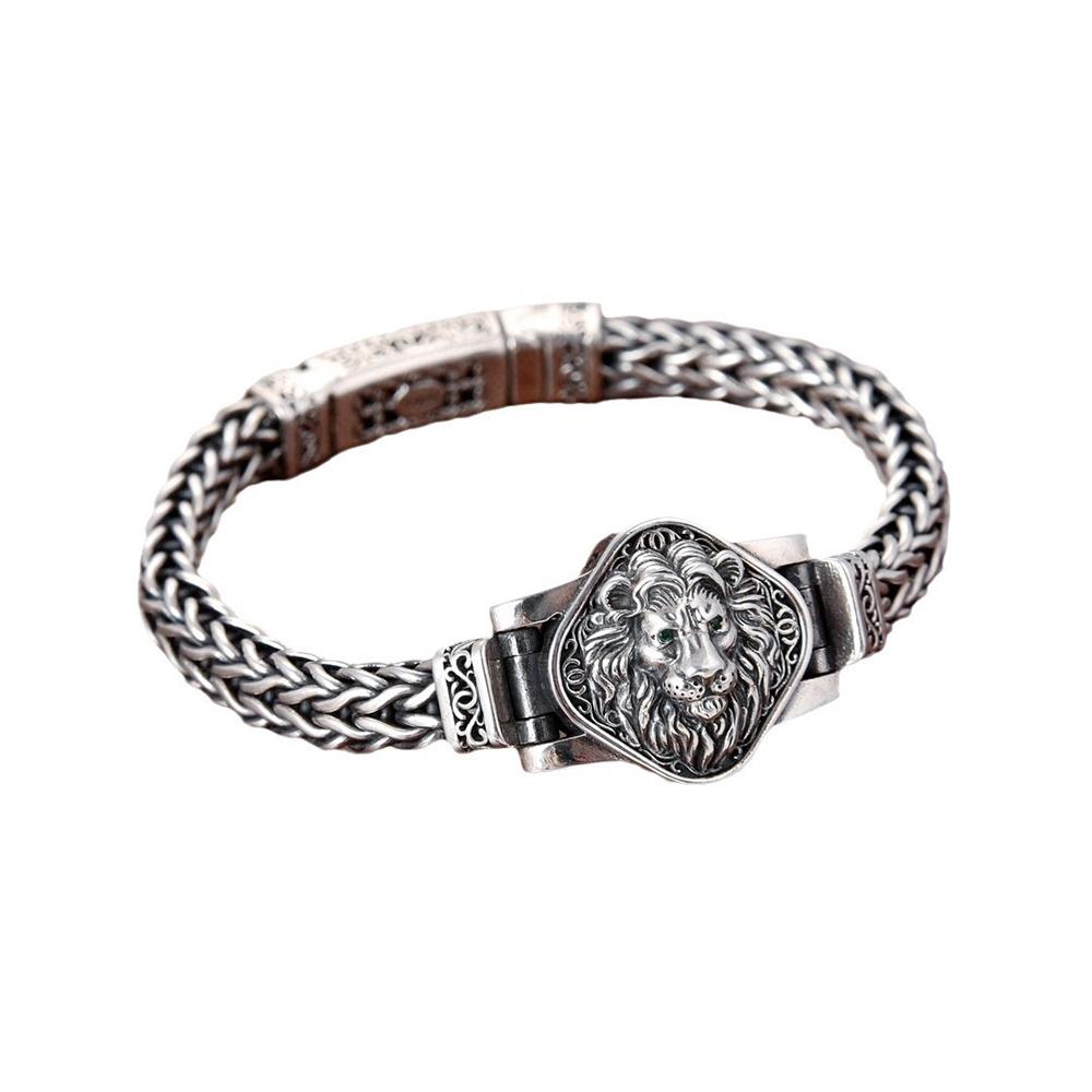 S925 Sterling Silver Hand Woven Bracelet for Men Vintage Lion Bracelet Hip-hop Punk Rock Bracelet Jewelry Gift