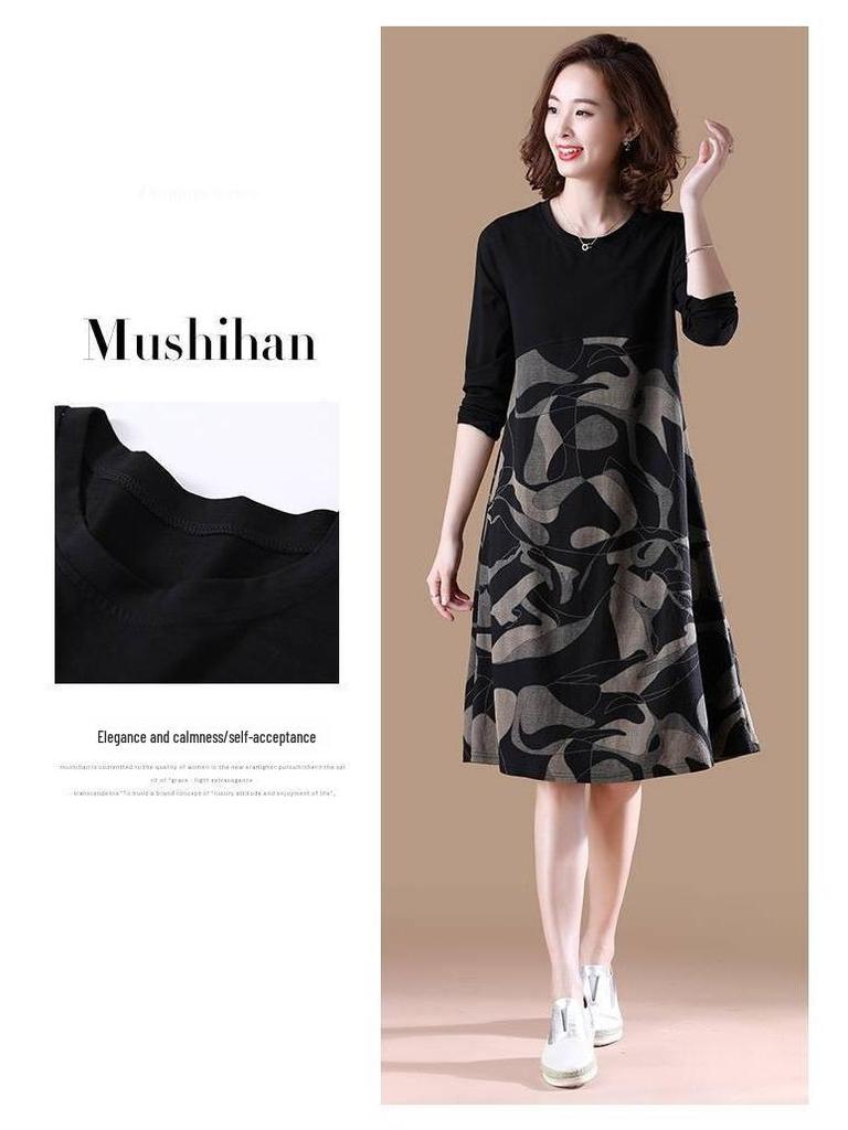 Plus Size Long Sleeve Midi Dress for Spring and Autumn - Loose Fit, Belly Cover, 200 Lbs Capacity