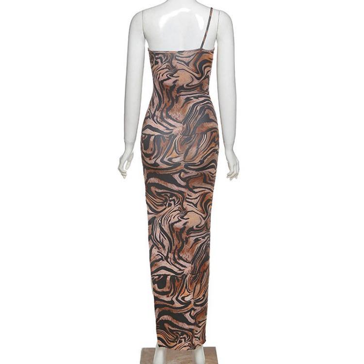 Sexy Women Summer Dress Spaghetti Strap Slash Neck Slim Tiger Print Khaki Split Side Lady Dress