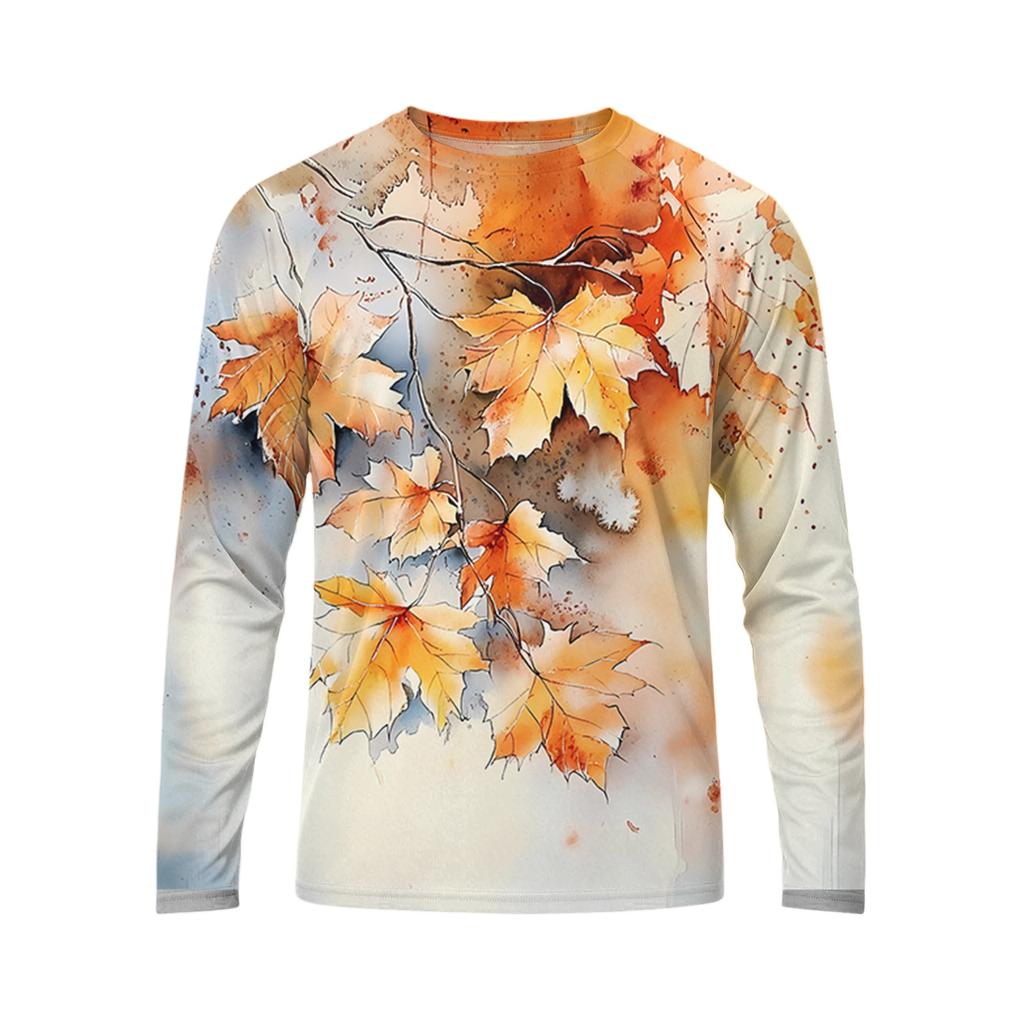 Men's Long Sleeve Maple Leaf Print Tee, Lightweight Round Neck Casual Top for Fall and Winter