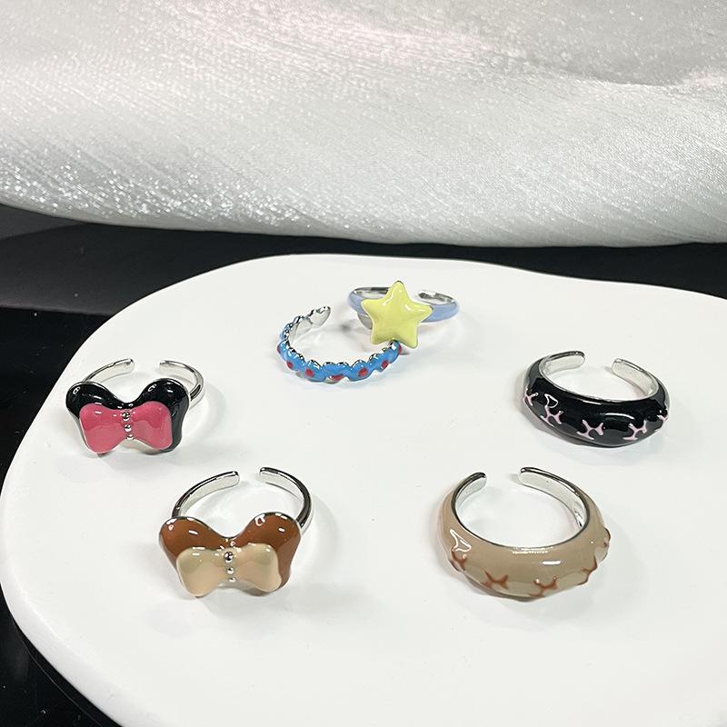 Dripping Oil Maillard Dark Bow Star Opening Ring Set Cold Style Fashion Ring Women