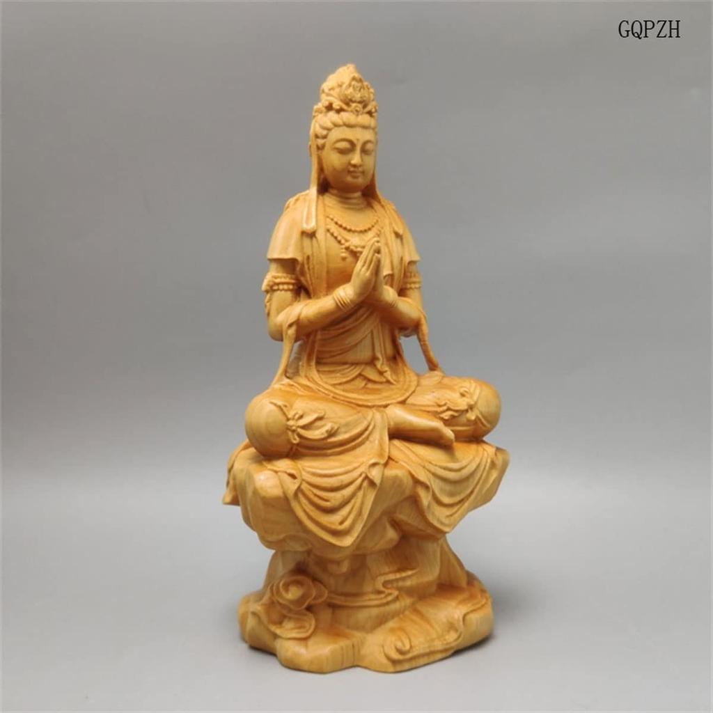 Buddha Holz Kannon Bodhisattva Holzschnitzerei Kannon Bodhisattva Natürliche Felseneiche Holz Kannon Feng Gut Böses Abwehren 15cm x Breite 8cm x Tiefe