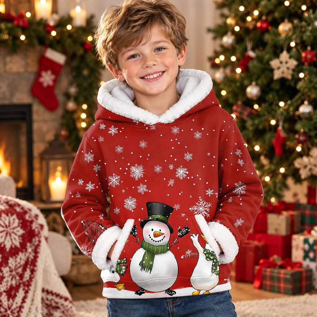 Kids Long Sleeve Christmas Print Casual Fashion Hooded Top