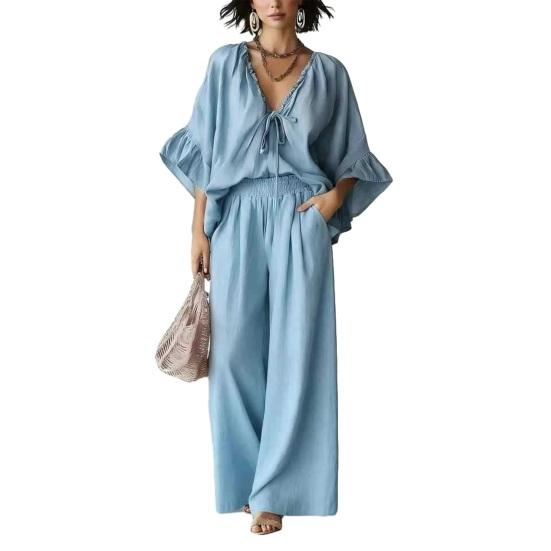 Conjuntos de Verano de 2 Piezas para Mujer, Top con Volantes de Media Manga y Cuello en V a Juego con Pantalones de Pierna Ancha, Conjuntos de Salón para Vacaciones con Bolsillos