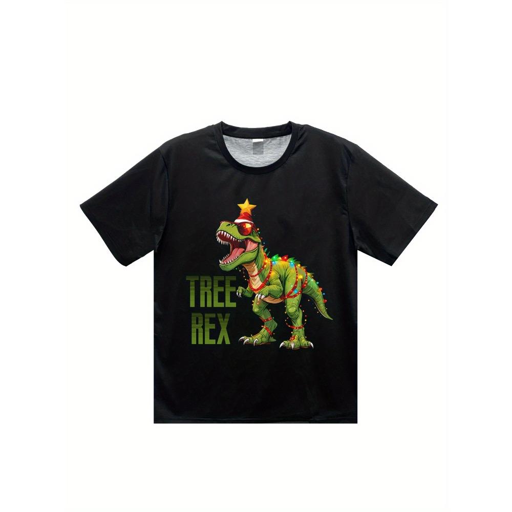 Tamanhos Europeus Camiseta Rex com Árvore de Natal Estampada em 3D Masculina para Verão, Gola Redonda Casual, Manga Curta para Uso ao Ar Livre