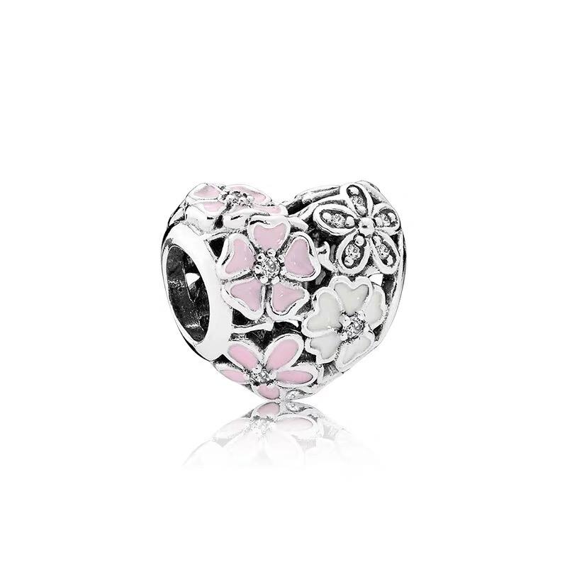 Pink Butterfly Cherry Blossom Flower Caterpillar Charm Enamel Bead fit Original Silver Bracelet Jewelry Accessories for Women