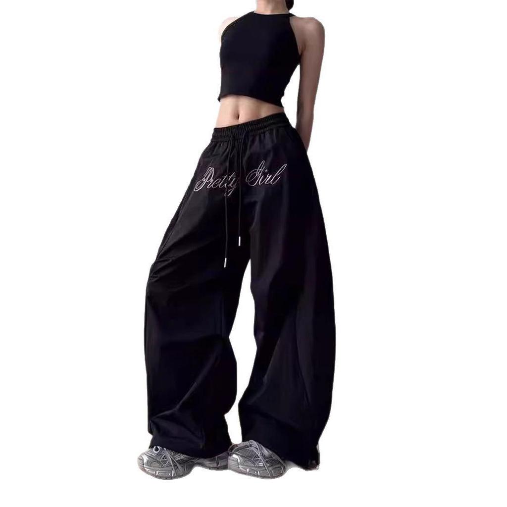 Women's Spring 2025 Pleated Parachute Cargo Pants with American Letter Embroidery - Wide-Leg Scimitar Design