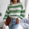 Long Sleeve Loose Knit Sweater for Women O Neck All Match Contrast Fall Winter S-L