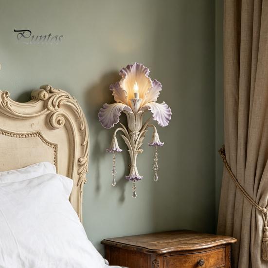 Bedroom Wall Lighting Iris Bloom Sconce, Vintage Floral Light with Faux Crystal Luxury Interior Drops, Romantic Purple Ambient Lamp for Living