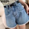 Damen-Jeansshorts mit Spitze Neue Sommer-Shorts mit hohem Bund A-Linie