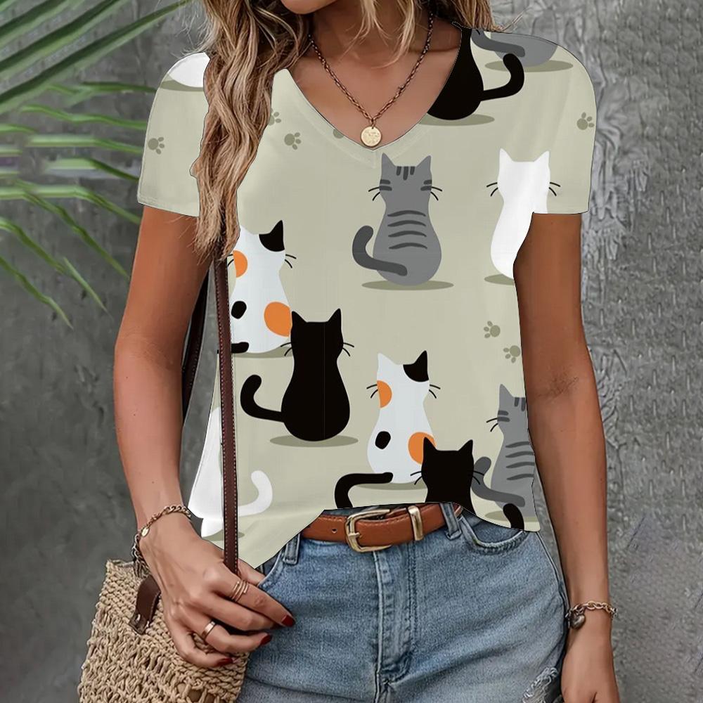 Women's Clothing T-shirt New V-neck Short Sleeve Cat Pattern Fashion Top Summer Loose And Breathable Clothing Women's T-shirt