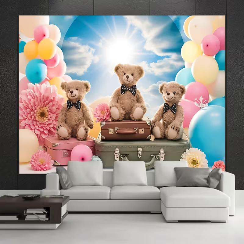 2D Adorable Bear with Bow Tie Backdrop Colorful Balloons Kids Photo Studio Background