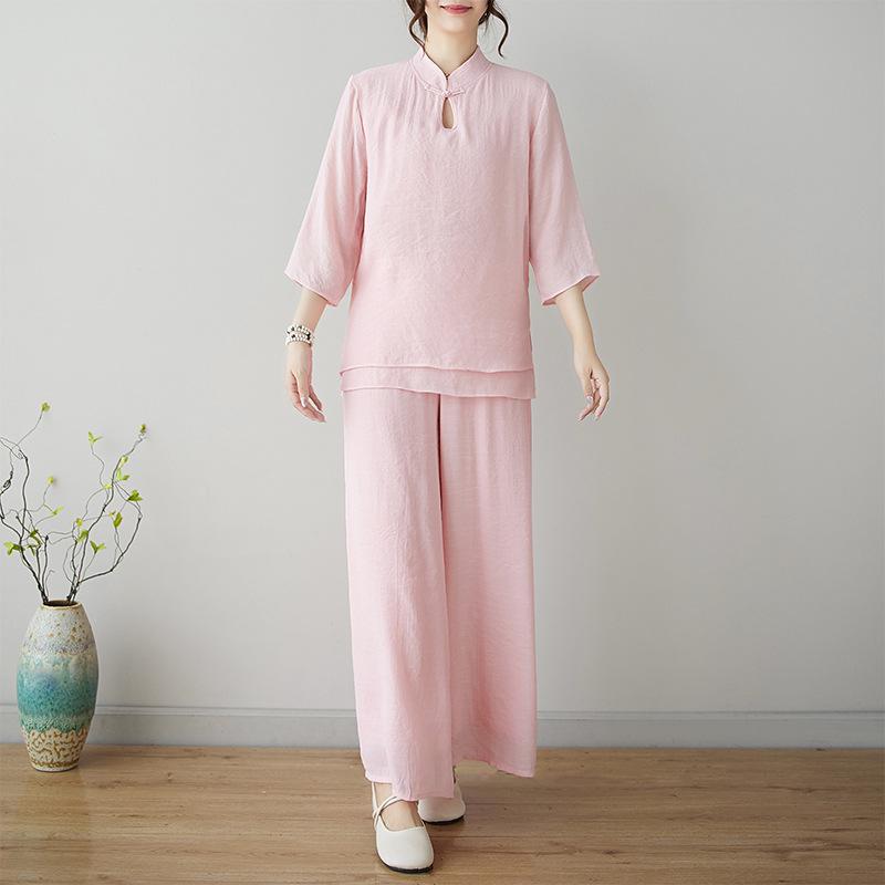 Women s Ethnic Zen Meditation Set: Chinese Style Yoga and Tea Two-Piece Outfit for Summer M