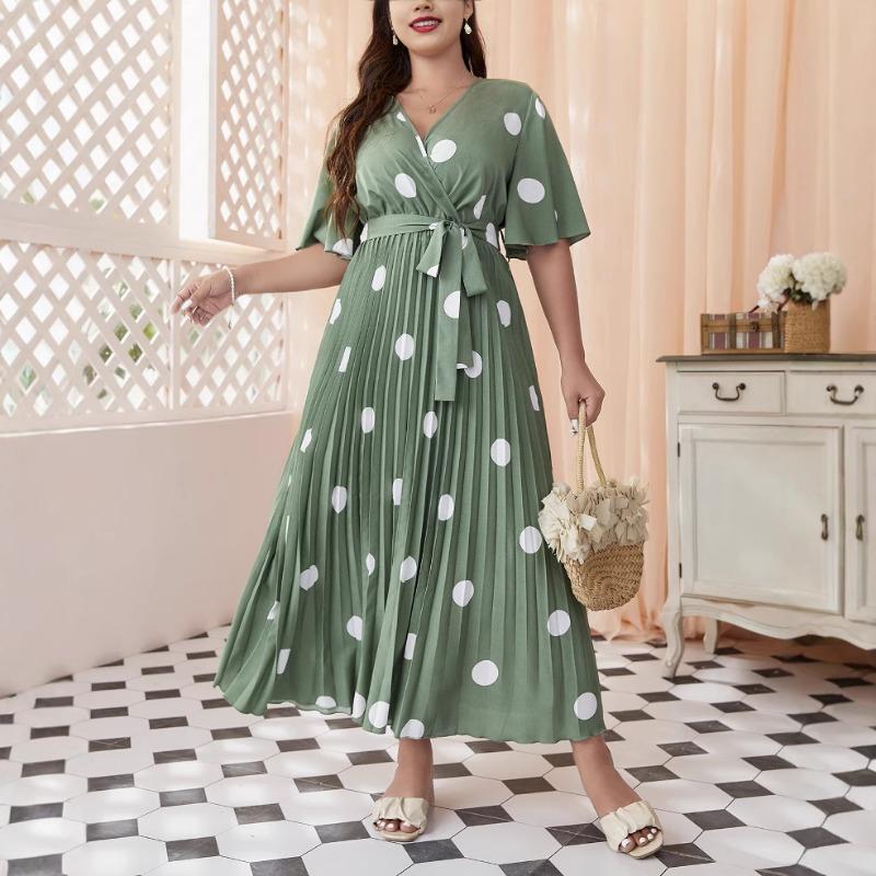 Abito Lungo Casual da Donna Taglie Forti Scollo a V Pois Pieghettato