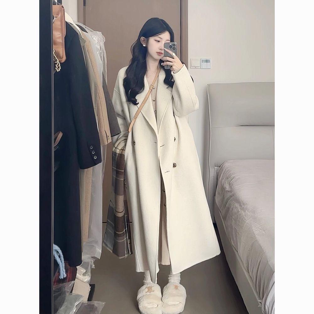 Sense Oatmeal Wool Coat for Women - Korean Style, Mid-Length, Plus Velvet, Thick, Perfect for Autumn and Winter.