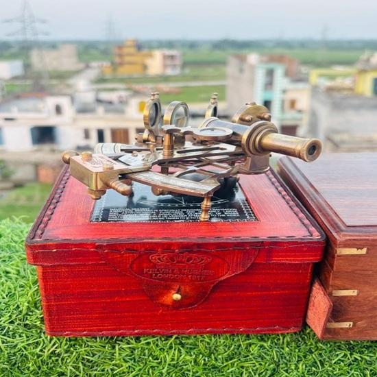 Brass Nautical Sextant: Maritime Navigational Instrument with Wooden Box