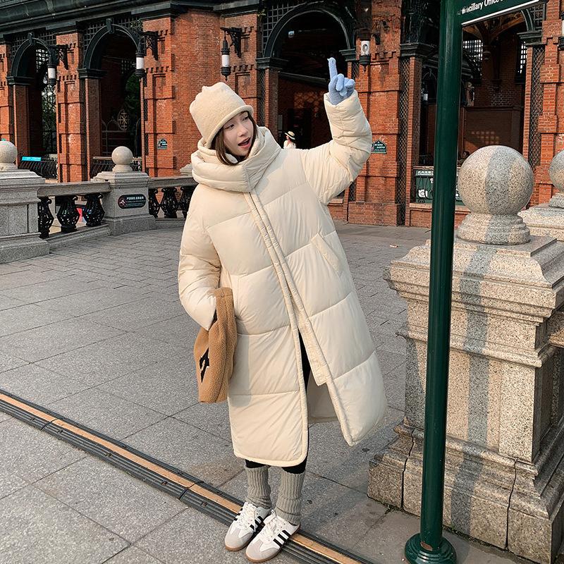 Zesílené Dlouhé Dolů Bavlněné Oblečení Internetové Celebrity se Stejným Stojáčkem s Kapucí Teplý Volný Kabát