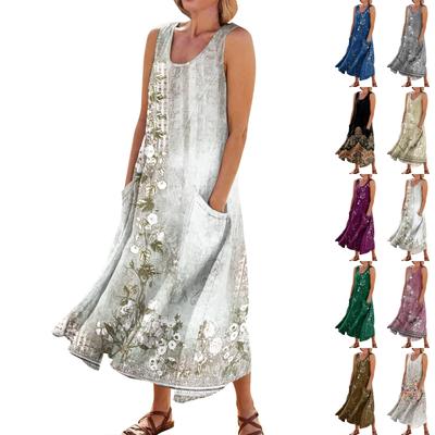 Women's Summer Casual Fashion Retro Printed Sleeveless Round Neck Pocket Dress