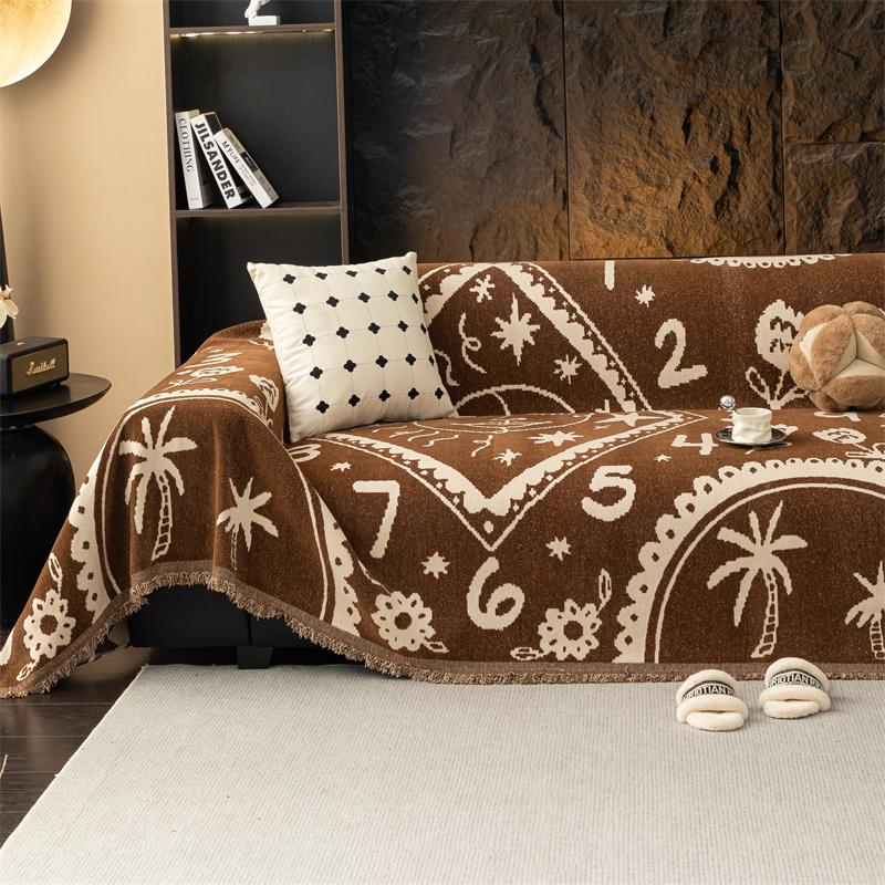 Clock Chenille Sofa Cover Cloth Retro Printed Sofa Towel Four-Season Universal Cover Cloth Light Luxury High-End Set Towel