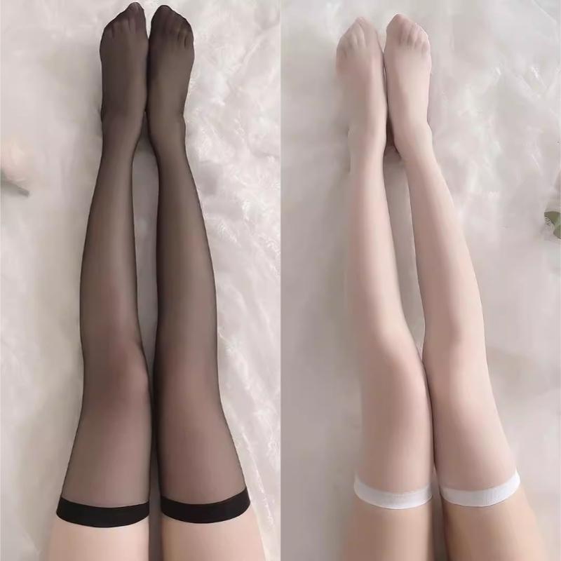 2Pairs Women Ultra Thin Transparent Stockings Spring Summer Anti Hook Thigh High Socks Black White Over Knee Socks Jk Long Socks