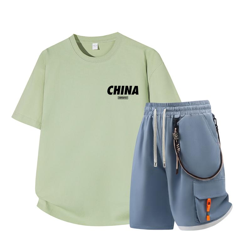Dmo Men's Short Sleeved Set Summer Short Sleeved Slim Fit Upper Garment Men's Two-piece Set