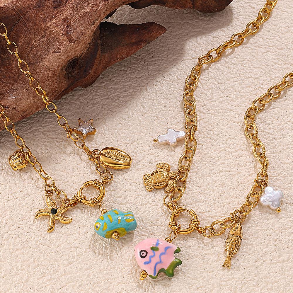 Ocean Wind Resort Beach DIY Pendant Starfish Necklace Stainless Steel Gold Plated Necklace Jewelry Women