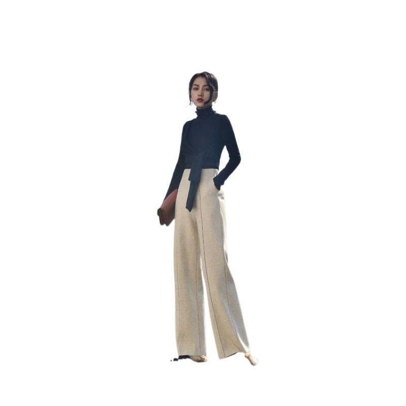 Elegant Woolen Wide-leg Pants for Women in Autumn and Winter, High-waisted Women's Pants, Casual Pants, Straight-leg Loose and Drape Long Pants