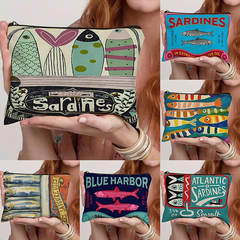 Vintage Canvas Cosmetic Bag Simple Large Capacity Makeup Bag Female Travel Clutch Toiletry Bag Retro Sardines Olive Oil Design