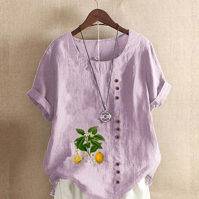 Women's Fashion Lemon Leaves Prined Round Neck Short Sleeve T-shirt Casual Cotton Linen Graphic Shirt Leisure Loose Summer Blouse Tops