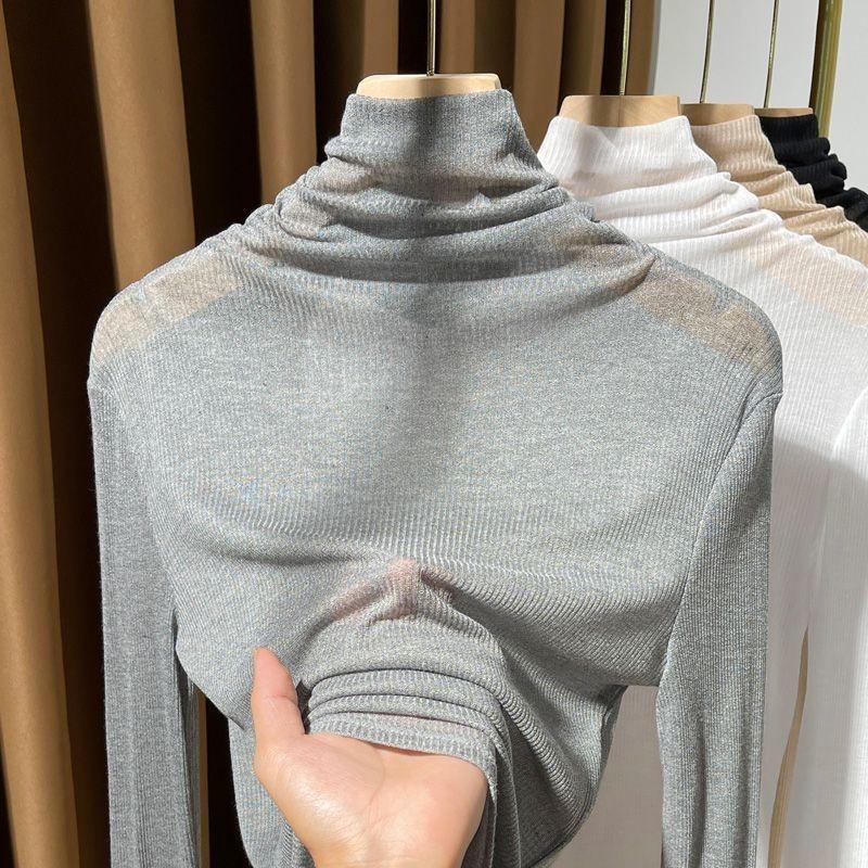 Slightly See-through Collar Long-sleeved Women's Autumn Fashionable Layered Tops with Base Layers