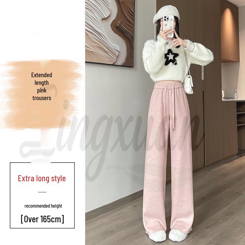 2026 Fall/Winter Off-White High-Waisted Cashmere Wide-Leg Pants with Velvet, Casual Floor-Length for Women