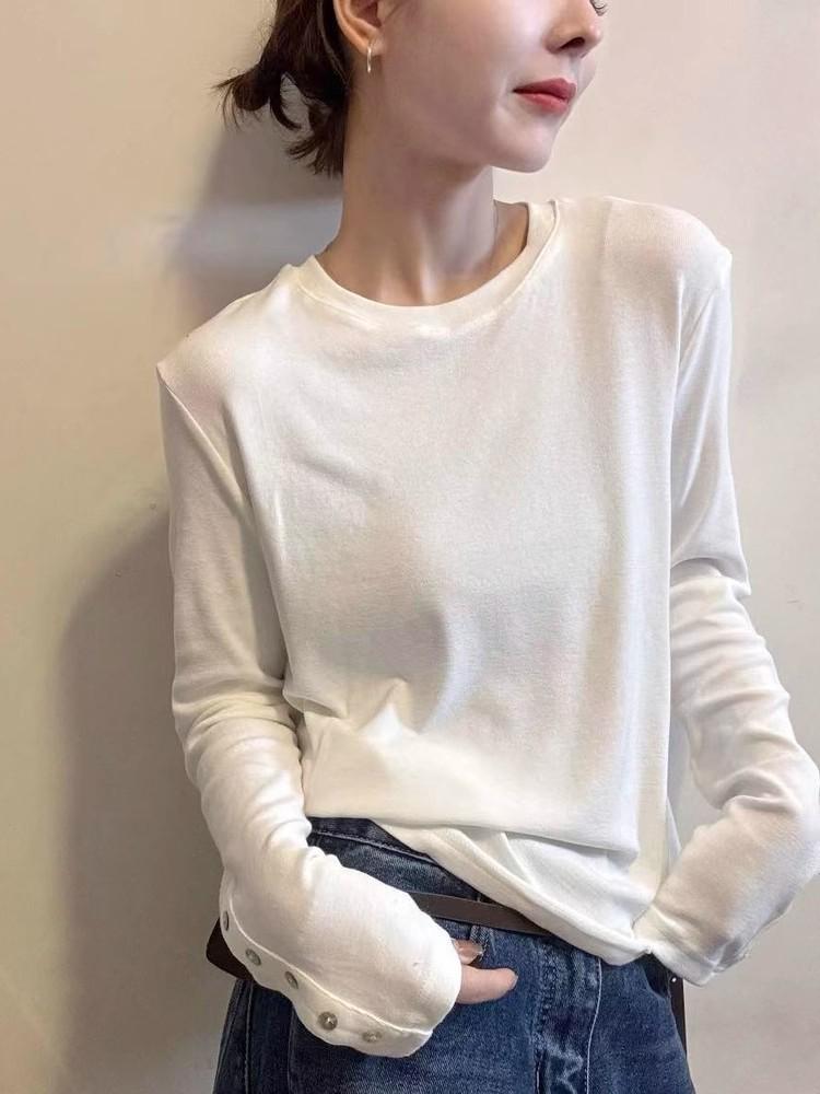 Women's Long-Sleeve T-Shirt - 2025 Autumn/Winter Collection, Versatile Design with Shell Buttons