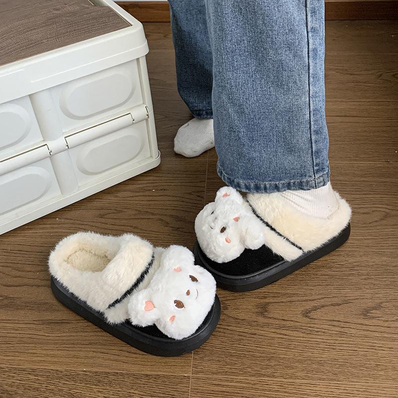 Cute Plush Bear Winter 2025 New Warm Indoor and Outdoor Wear Winter Thick Bottom Home Wear Cotton Slippers Women