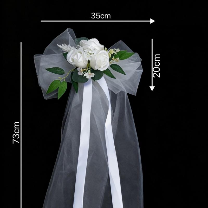 7-teiliges Set Hochzeitsauto Türgriff Spiegel Blumen-Set Band Schleifen Weiße Künstliche Rose Just Married Auto Dekor Zubehör
