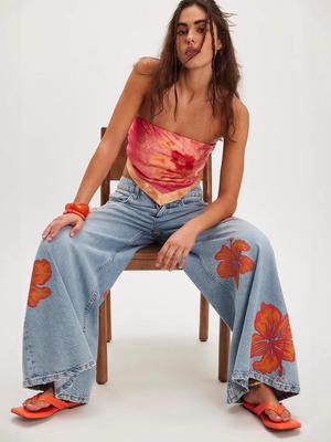 Retro-Blumenmuster Jeans mit weitem Bein - Lässige Hose im europäischen & amerikanischen Stil