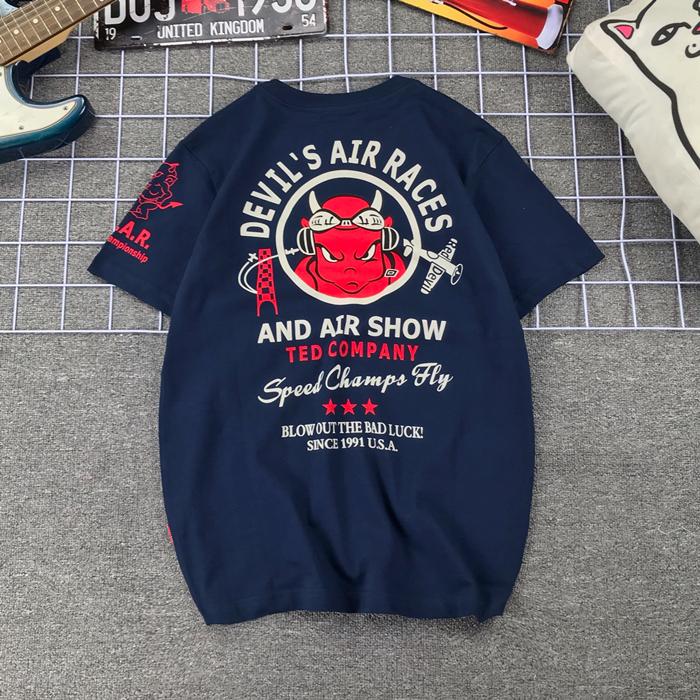 Japanese Trendy Brand Lucky Ghost Little Devil Pilot American Retro Locomotive Pure Cotton Short-sleeved T-shirt Men and Women