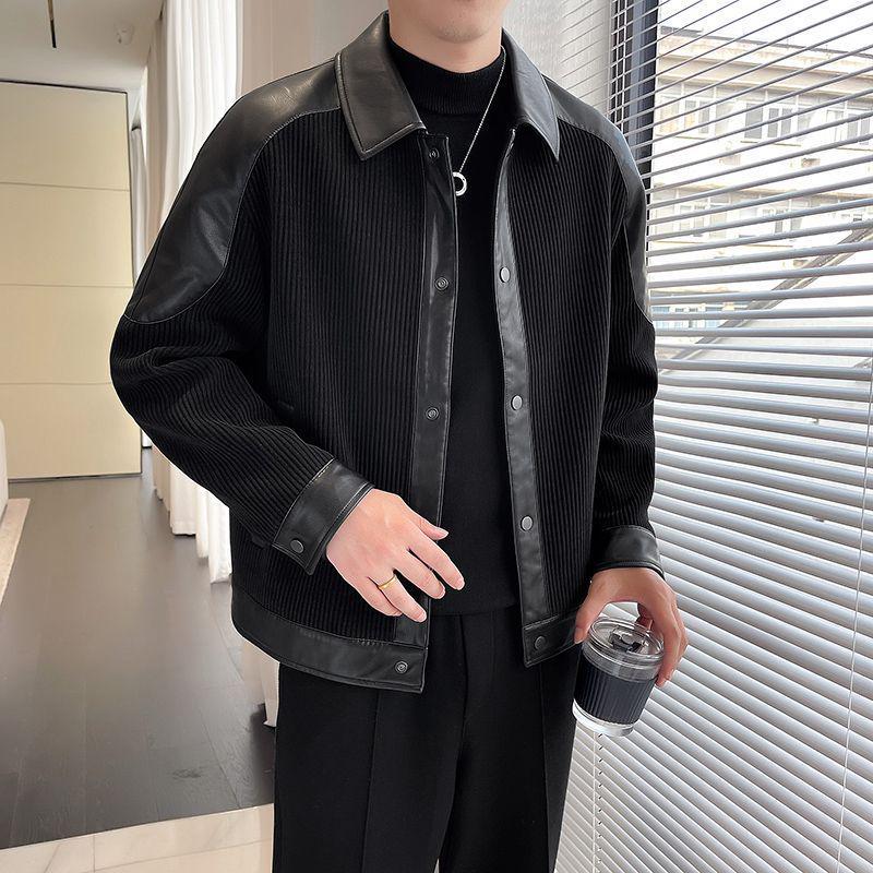 Men's Trendy Korean-Style Lapel Jacket: Soft PU & Corduroy, Autumn/Winter, Versatile Outerwear