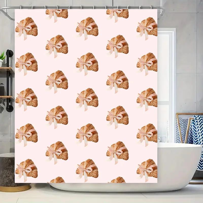 

Pink Croissant Shower Curtain With Bow Pattern: Bathroom Decor For Kitchen And Bathtub, Waterproof Fabric 3D Printed Home Textil W60H190(CM)-1 Pcs