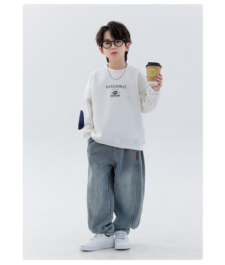 Boys' Winter 2025 Plus Velvet Hoodie: Stylish Thick Long Sleeve Round Neck Sweatshirt for Kids