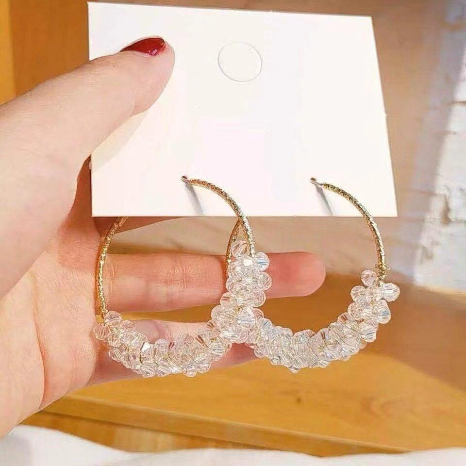 

Super fairy transparent crystal circle earrings 111 silver needle exaggerated personality high sense geometric earrings Internet celebrity earrings 925 silver needle
