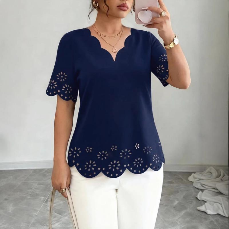 Summer women's new style fashionable and elegant wavy collar burnt flower hollow short-sleeved T-shirt