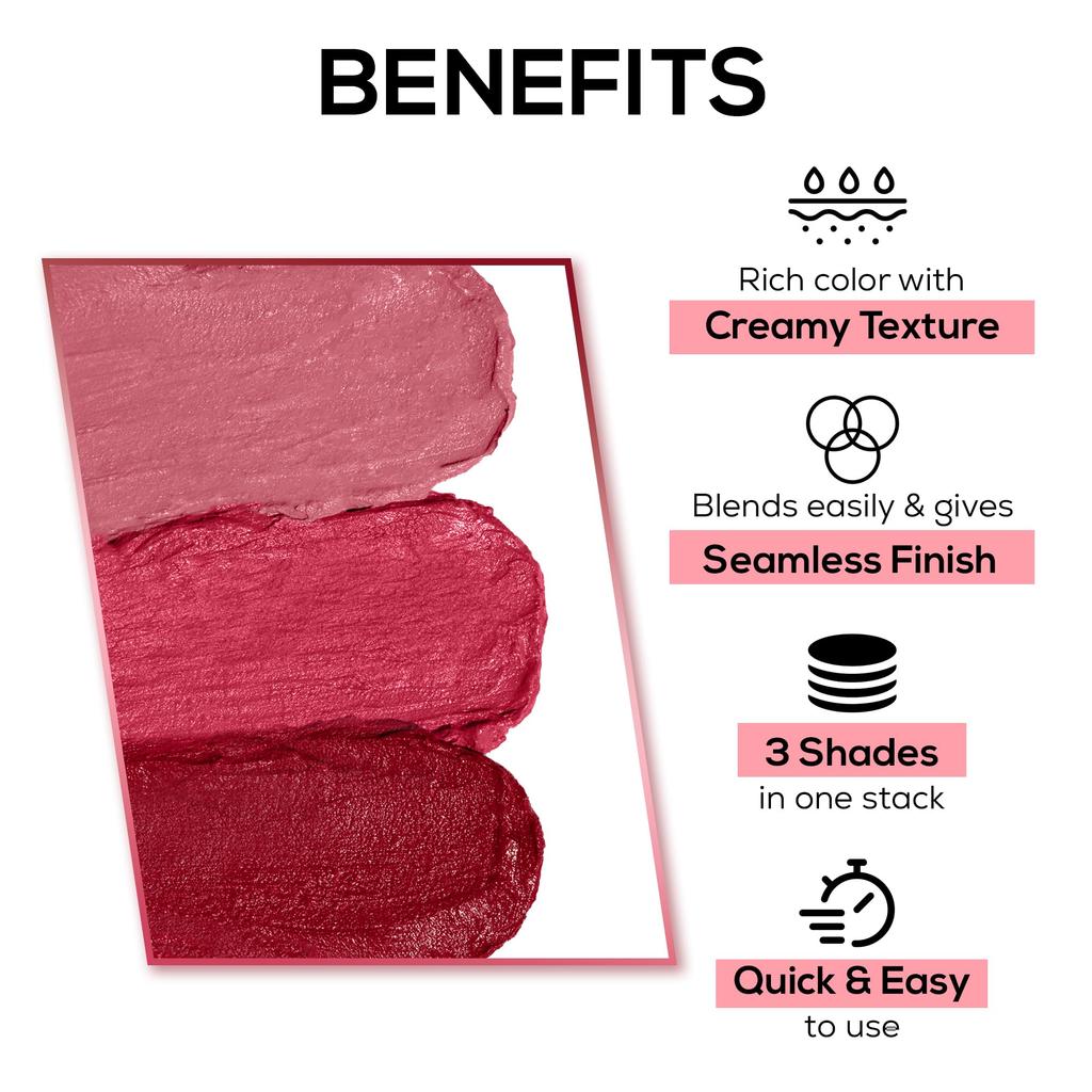 RENEE Glam Stack Creme Lip & Cheek Tint - Pink 4.5g - 3 Shades in 1, Rich Creamy Natural Seamless Finish, Smooth & Blendable Formula - Travel Frien