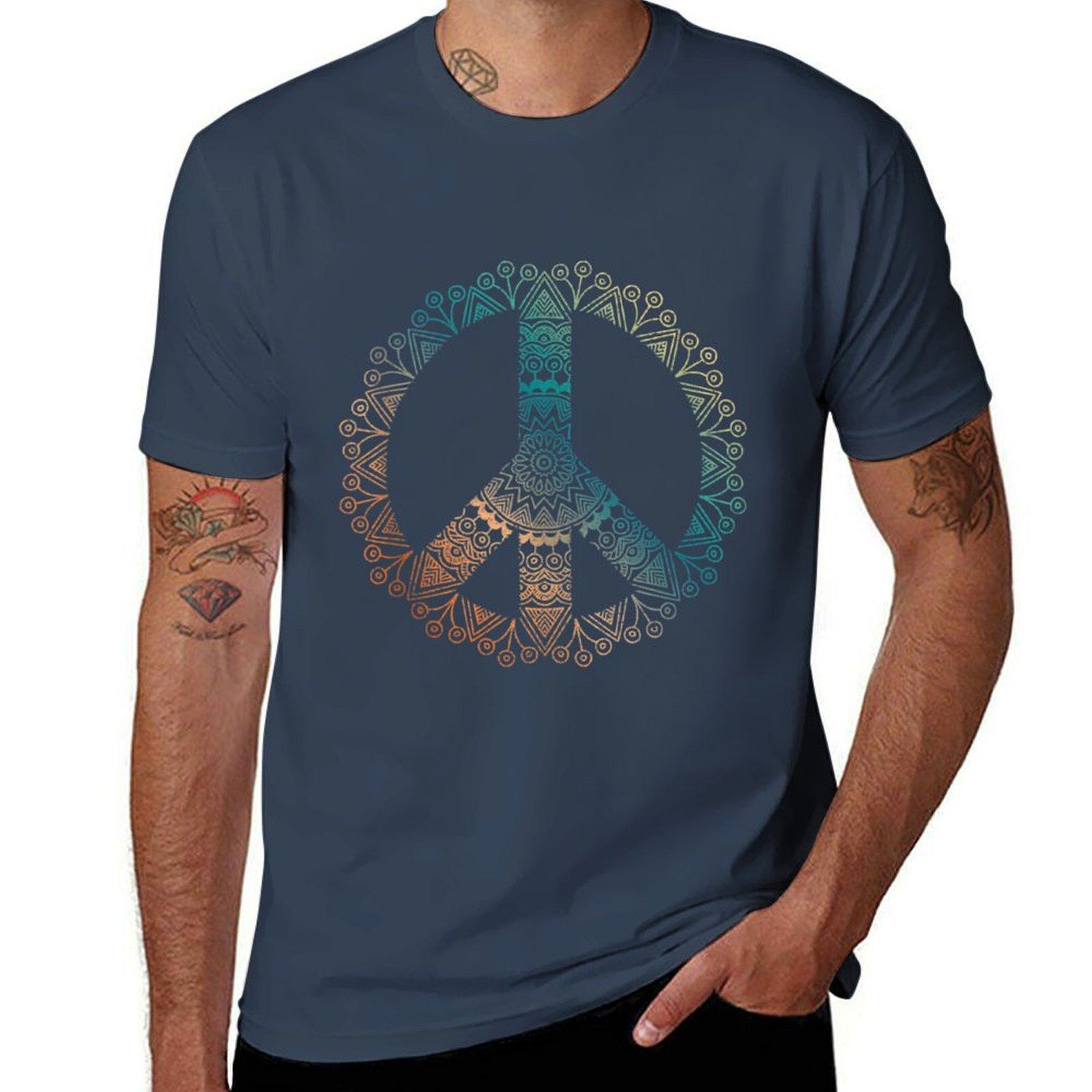 Neutral Boho Yoga Ornate Unisexdala Peace Sign Hippie Tshirt Casual Streetwear Short Sleeve Tee S