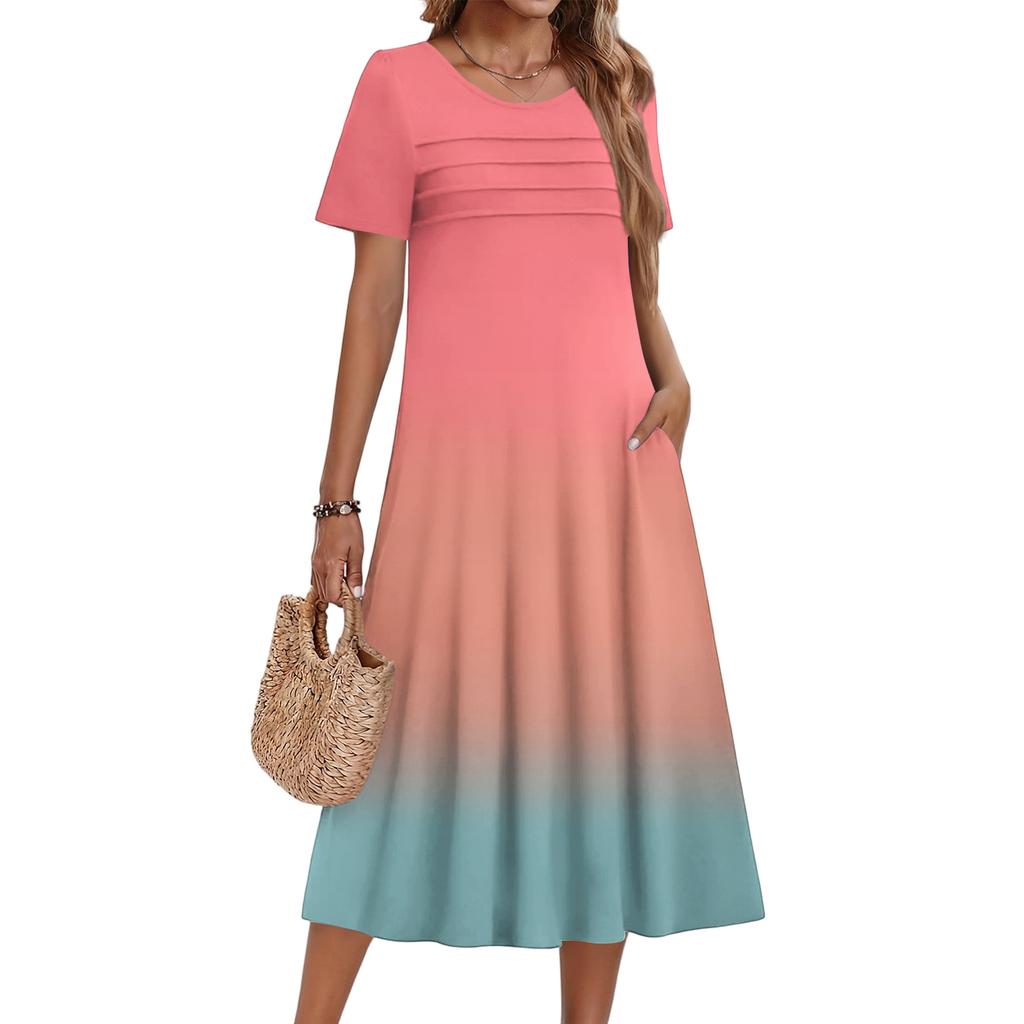 Ladies' Gradient Printed Casual And Fashionable Short Sleeved Round Neck Dress