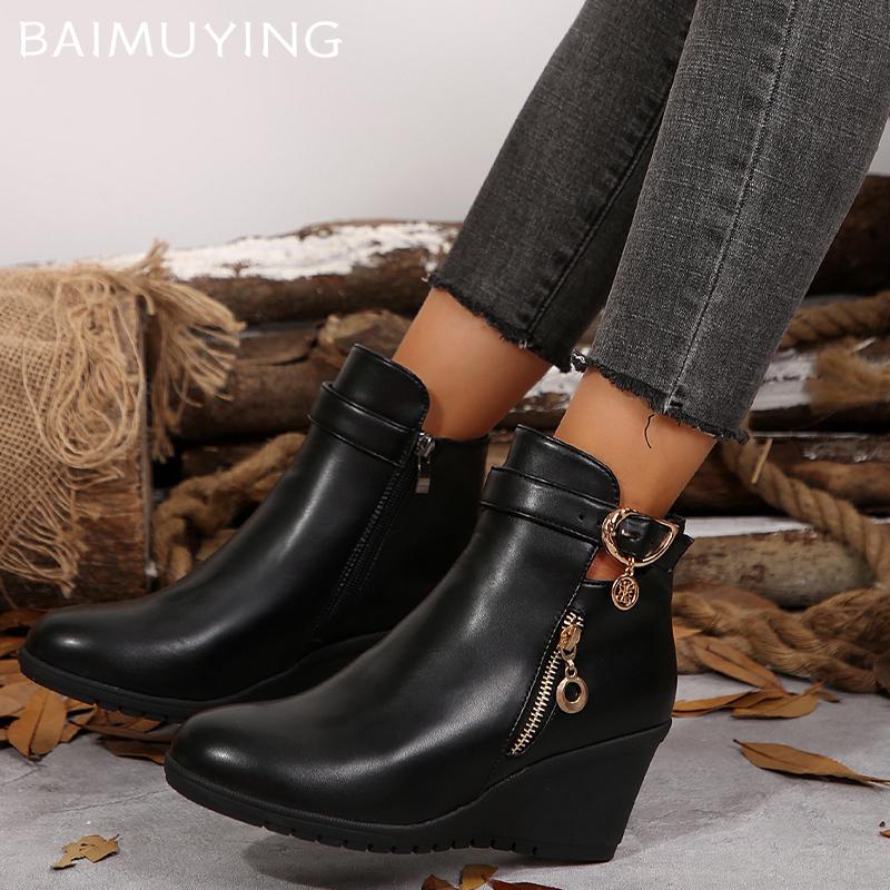 Women Wedges Ankle Boots Leather Designer Buckle Mid Heels Retro Shoes New Brand 2025 Trend Winter Classic Zipper Botas De Mujer
